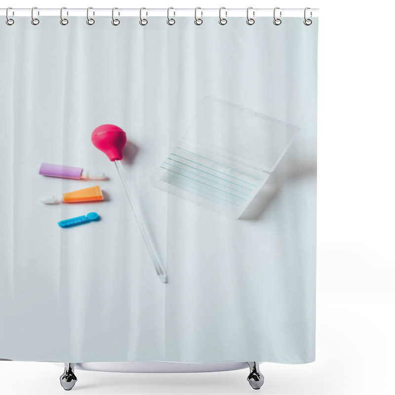 Personality  Top View Of Blood Test Equipment On White Table Shower Curtains