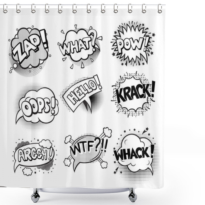 Personality  Set Of Pop Art Style Comic Exclamations. Comic Book Style Illustrations. Words In Speech Bubbles Patch Badges. Vector Fashion Sticker, Pin, Patch In Cartoon 80s-90s Style Shower Curtains