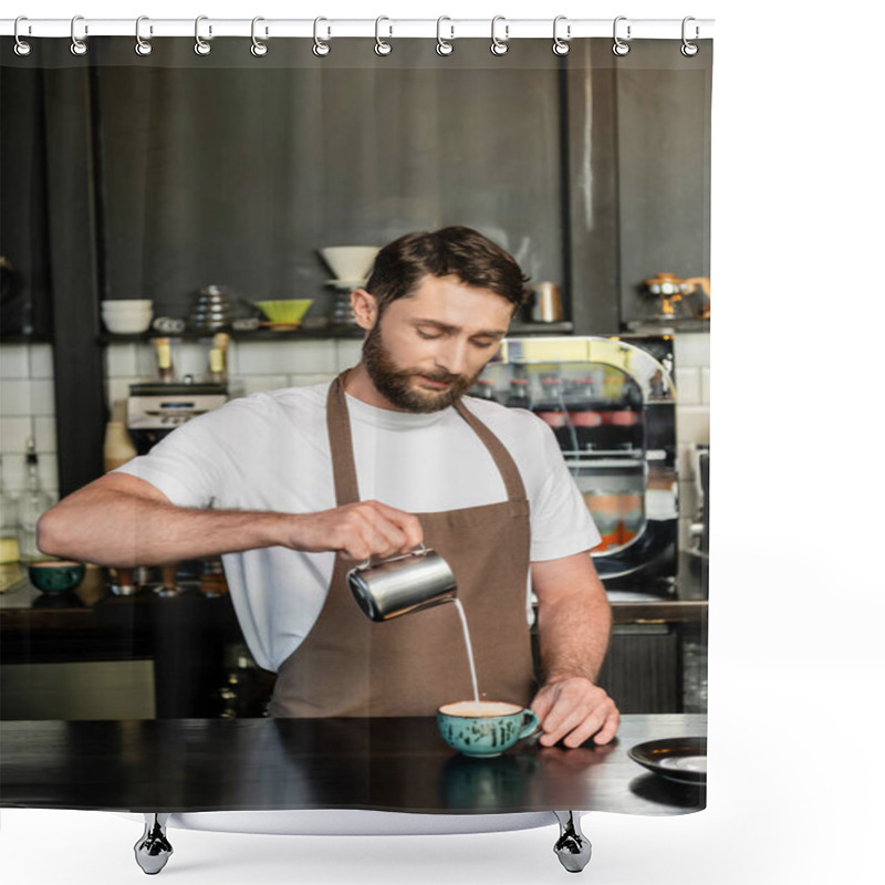 Personality  Bearded Barista In Apron Pouring Milk From Pitcher While Making Cappuccino On Bar In Coffee Shop Shower Curtains