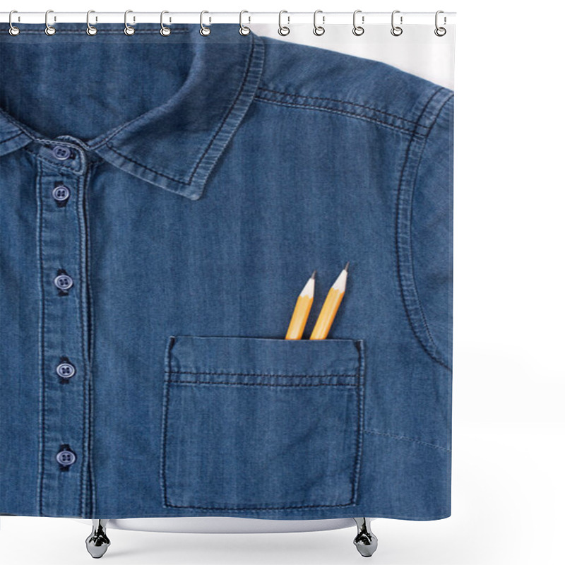 Personality  Close-up View Of Denim Shirt With Two Pencils In Pocket Shower Curtains