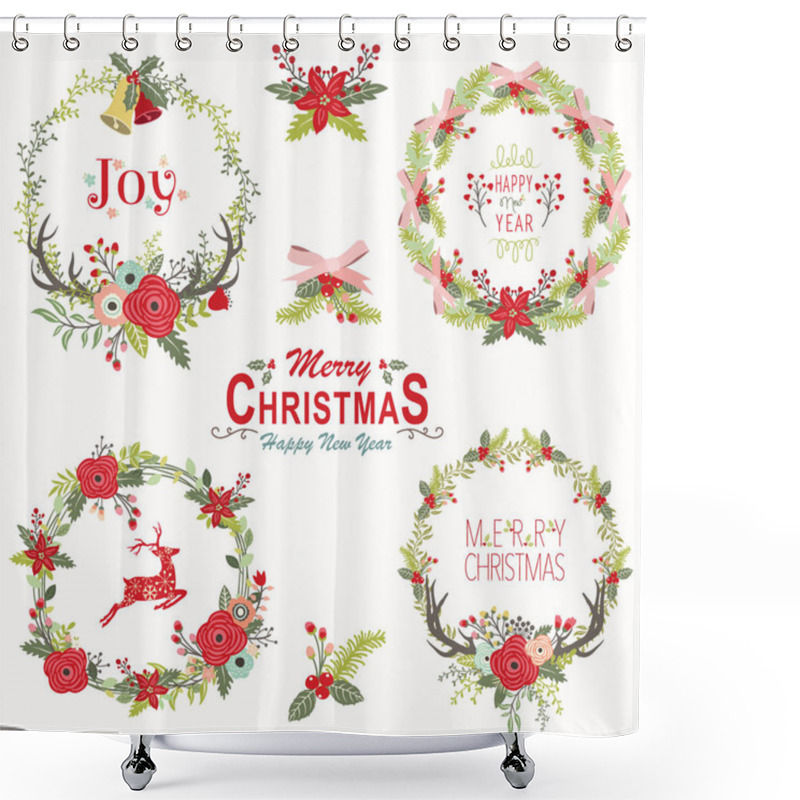 Personality  Floral Christmas Wreath Elements Shower Curtains