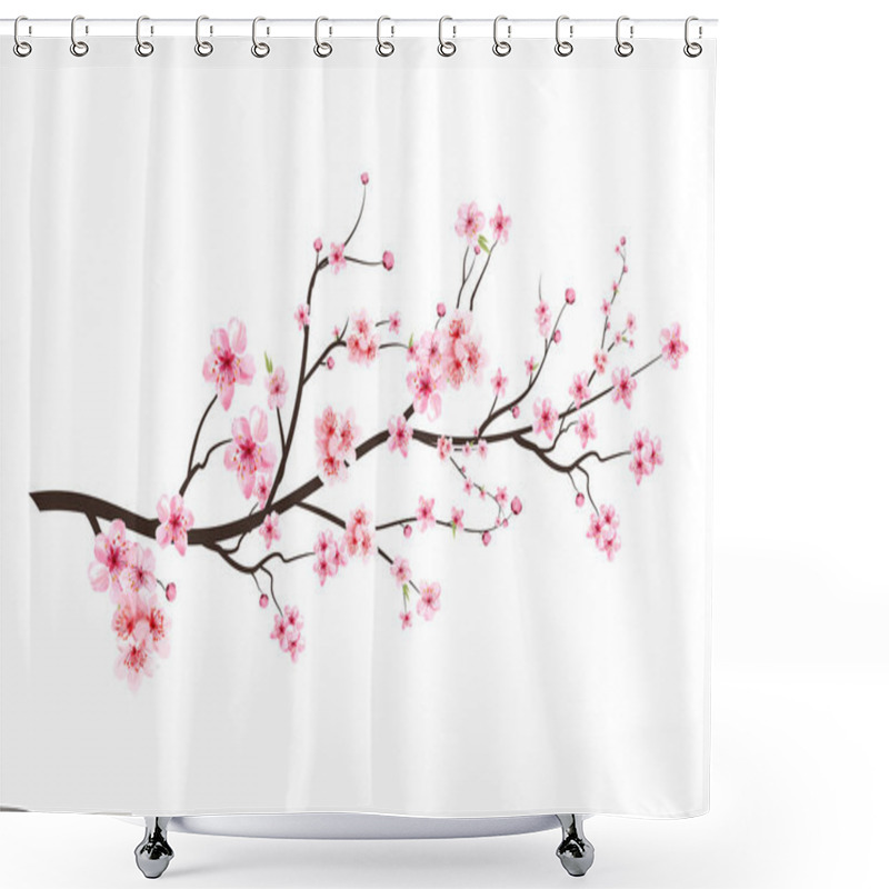 Personality  Realistic Cherry Blossom Branch. Cherry Blossom With Pink Sakura Flower Vector. Japanese Cherry Blossom Vector. Sakura Branch With Blooming Watercolor Flower. Pink Watercolor Cherry Flower Vector. Shower Curtains