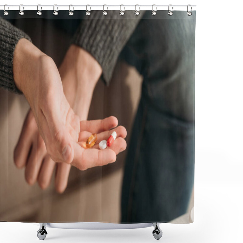 Personality  Cropped View Of Sick Man With Handfull Of Pills Shower Curtains