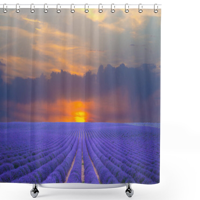 Personality  Stunning Atmospheric Sunset Over The Lavender Fields At Provence Shower Curtains