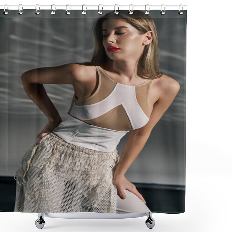 Personality  A Young Woman Poses In A White Outfit, Featuring A Mesh Skirt And A Top With A Geometric Design. Shower Curtains