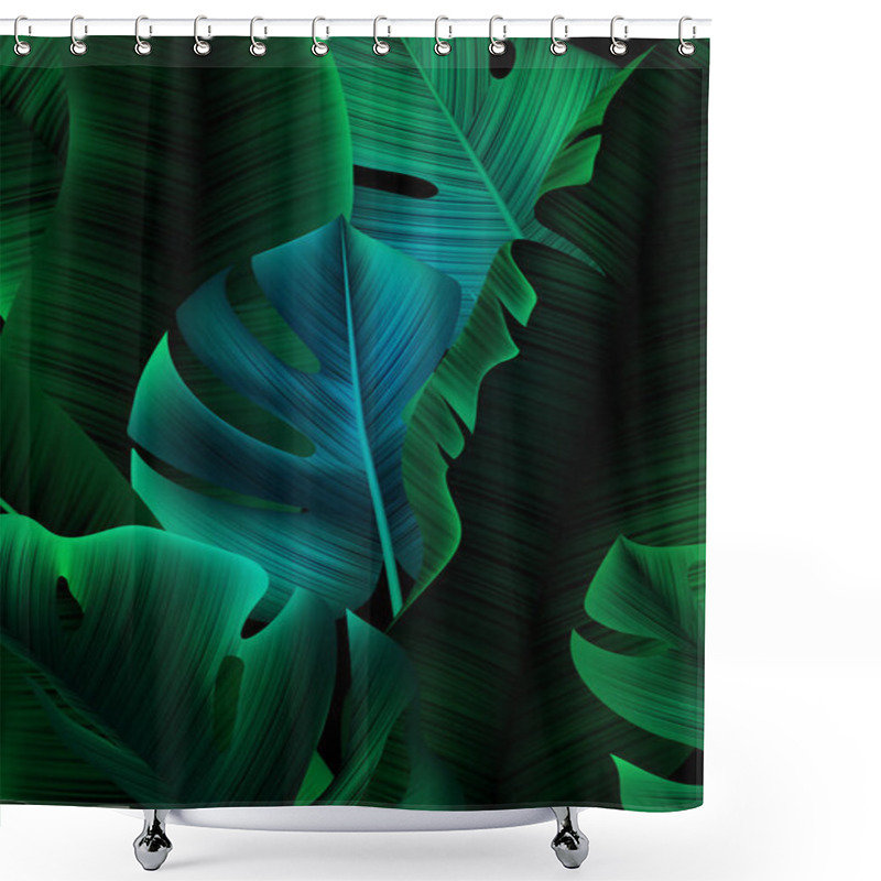 Personality  Tropical Banner With Realistic Banana Tree And Monstera Leaves. Minimalist Greenery Bg. Background With Jungle Leaves Shower Curtains