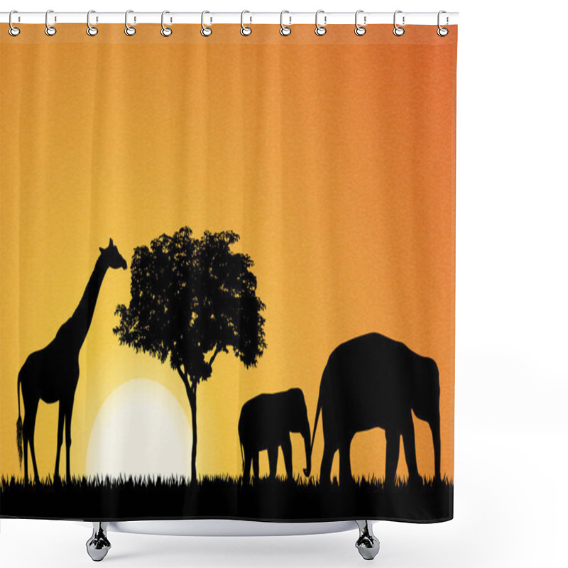 Personality  Elephants And Giraffe In Africa Vector  Shower Curtains