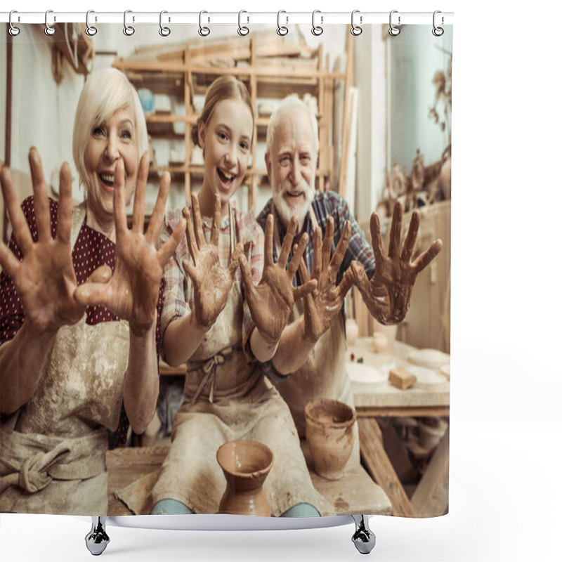 Personality  Grandmother And Grandfather With Granddaughter Showing Hands In Clay In Workshop Shower Curtains