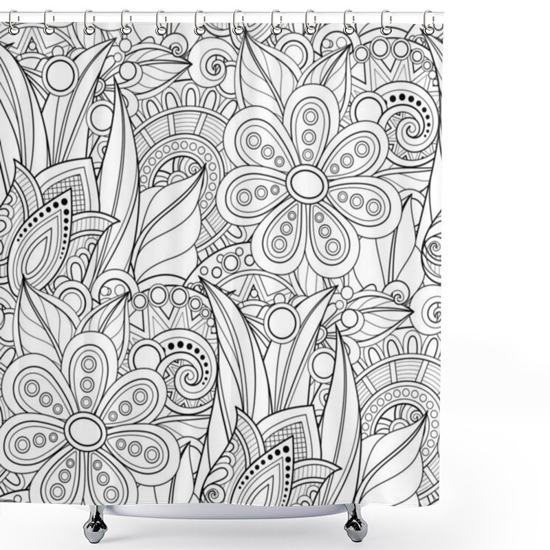 Personality  Monochrome Seamless Pattern With Floral Motifs. Endless Texture With Flowers And Leaves In Doodle Line Style Shower Curtains