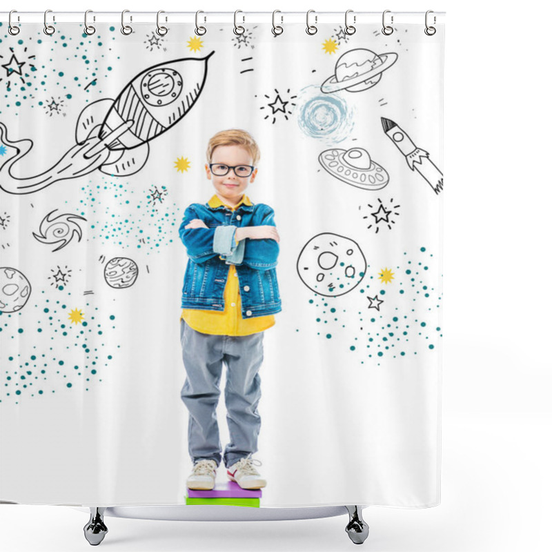 Personality  Pupil With Crossed Arms Standing On Pile Of Books, Isolated On White With Space, Stars And Planets Shower Curtains