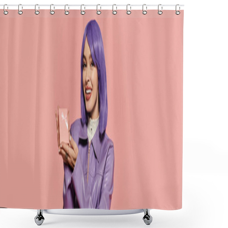 Personality  A Fashionable Woman With Purple Hair Smiles While Holding A Beauty Product In Her Hands. Shower Curtains