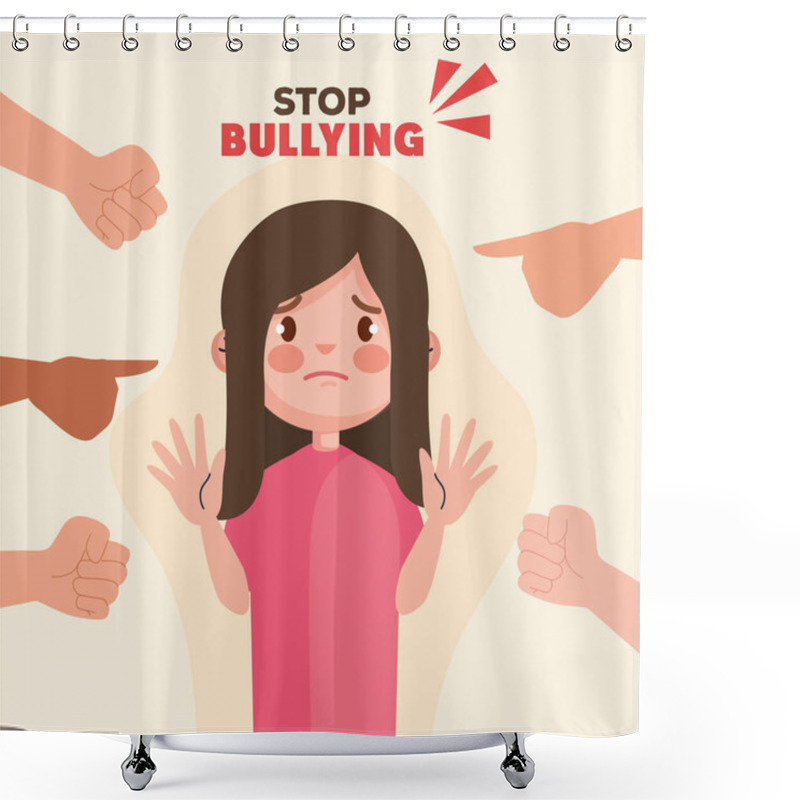 Personality  Stop Bullying And Hands Pointing At Sad Girl Kid Vector Design Shower Curtains