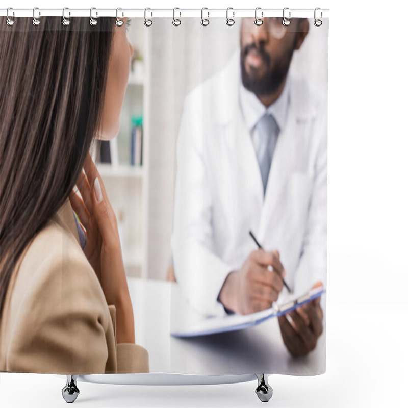 Personality  Selective Focus Of Diseased Woman Touching Sore Throat Near African American Doctor Holding Clipboard Shower Curtains