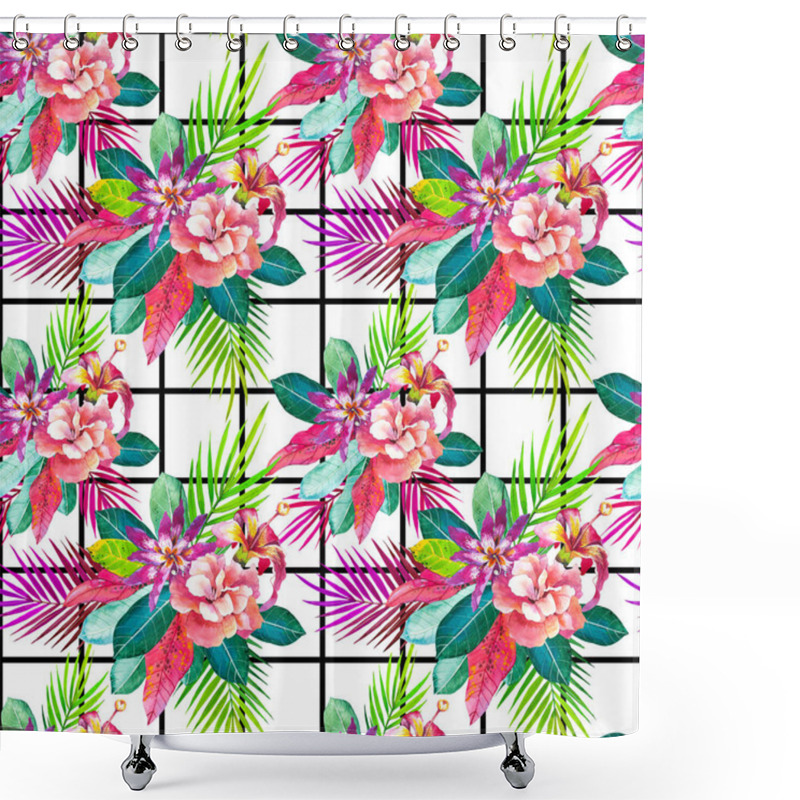 Personality  Exotic Bouquet Hand Drawn Seamless Pattern. Tropical Flowers On Black And White Geometric Background. Hibiscus, Roses With Palm Leaves Watercolor Texture. Botanic Wrapping Paper, Wallpaper Design Shower Curtains