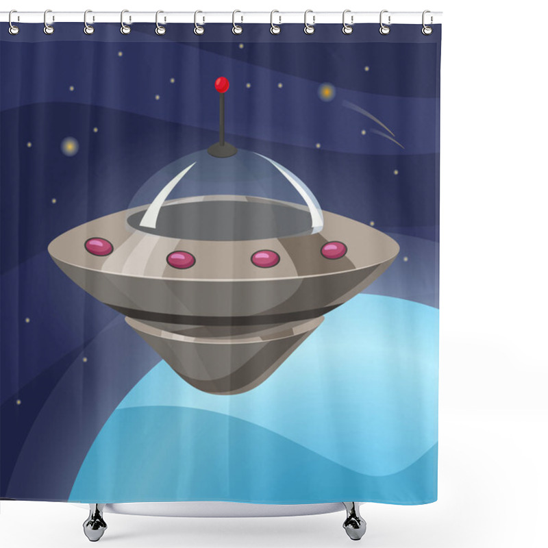 Personality  UFO Spaceship, Cartoon Style, Background Space Planet, Isolated, Vector, Illustration Shower Curtains