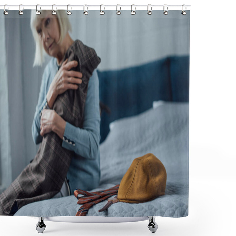 Personality  Sad Senior Woman Sitting On Bed And Holding Jacket At Home Shower Curtains