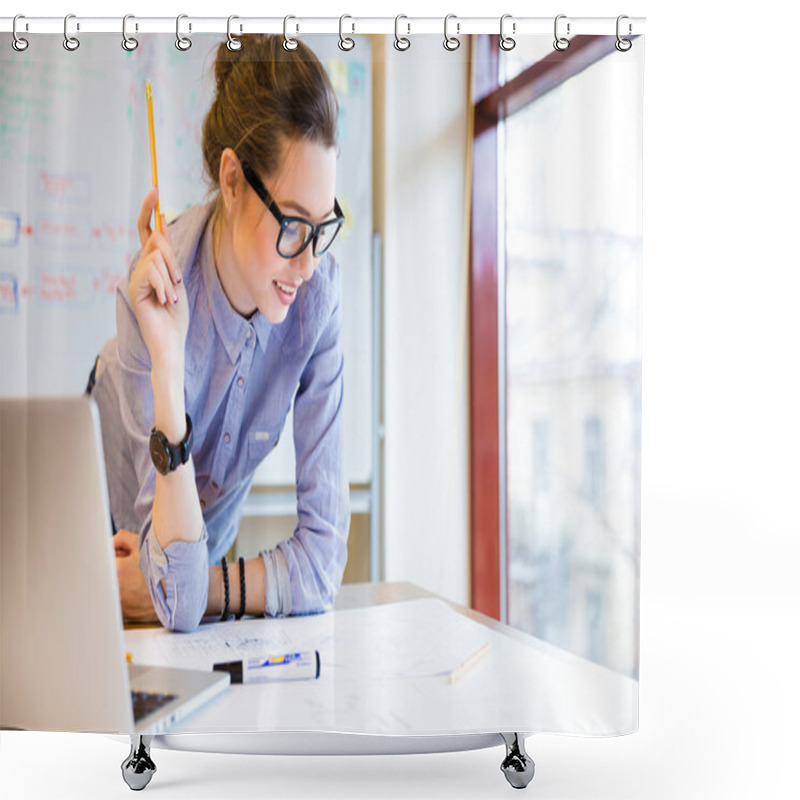 Personality  Happy Woman Working With Blueprint Near The Window In Office Shower Curtains