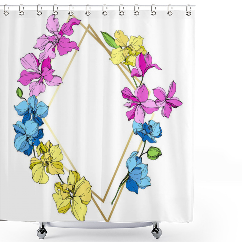 Personality  Pink, Blue And Yellow Orchid Flowers. Engraved Ink Art. Frame Golden Crystal. Geometric Crystal Stone Polyhedron Mosaic Shape. Shower Curtains