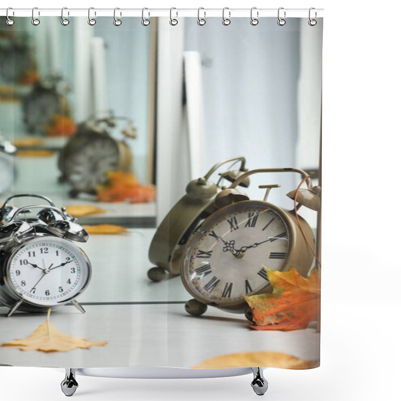 Personality  Alarm Clocks And Dry Leaves Near Mirror On White Table Shower Curtains