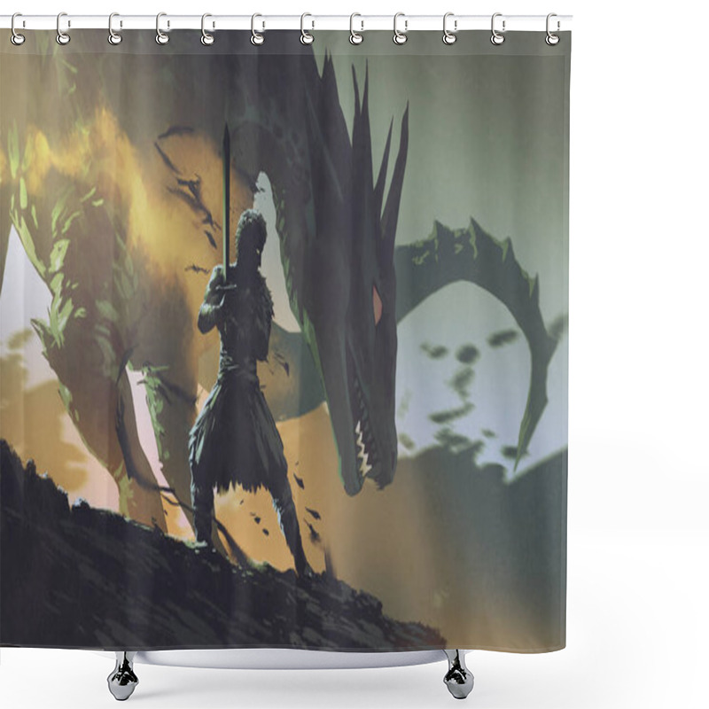 Personality  Warrior Holding A Sword Standing Near The Dragon, Digital Art Style, Illustration Paintin Shower Curtains