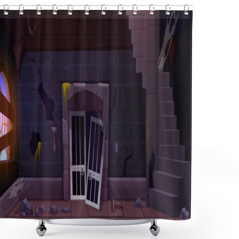 Personality  Abandoned Game Medieval Castle Prison Dungeon Cell Background. Broken Door And Messy Dark Interior With Stone On Floor. Brick Masonry Wall With Cage Gate For Punishment In Tower Scene Illustration Shower Curtains