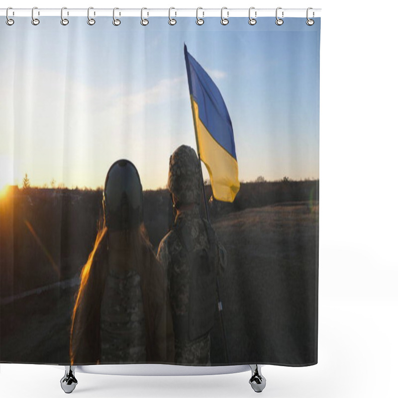 Personality  Soldiers Of Ukrainian Army Raising Flag Of Ukraine Against Background Of Sunset. People In Military Uniform Lifted Up Yellow-blue Flag. Victory Against Russian Aggression. Invasion Resistance Concept. Shower Curtains