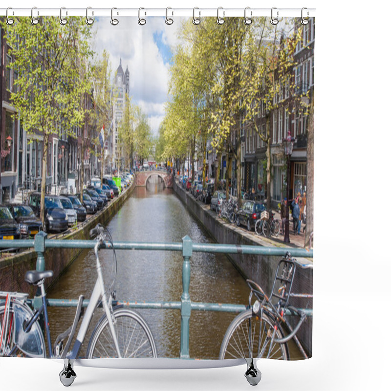 Personality  AMSTERDAM,NETHERLANDS-APRIL 27: Amsterdam Canal With Bikes On The Bridge And Parked Cars Along The Bank On April 27,2015 In Amsterdam, Netherlands. Shower Curtains