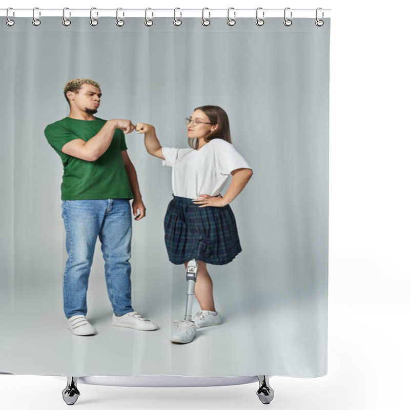 Personality  Friends Connect Through A Joyful Fist Bump In A Creative Setting. Shower Curtains