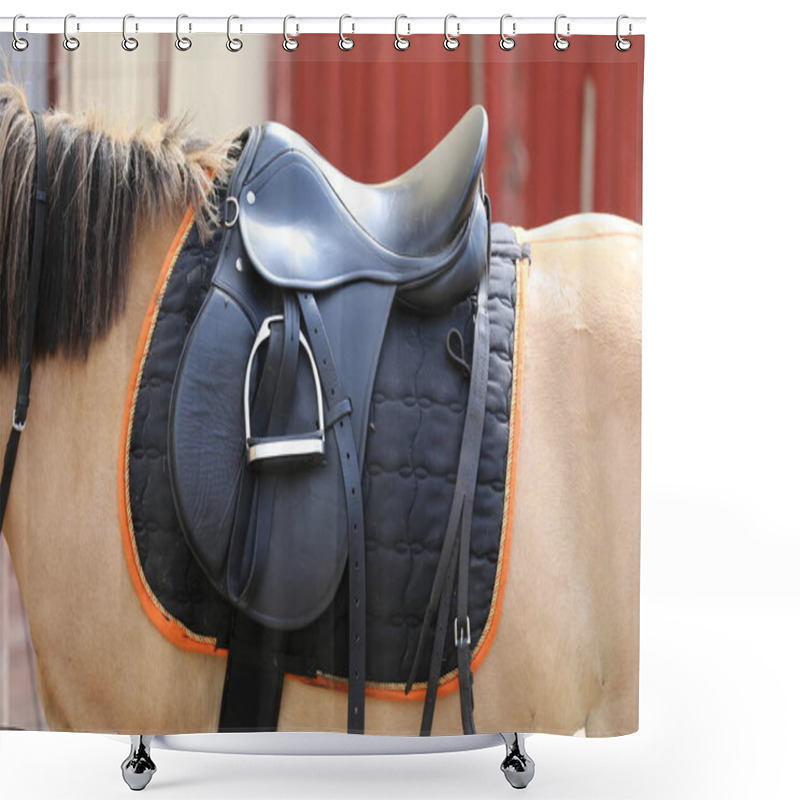 Personality  Old Leather Saddles Horse With Stirrups On A Back Of A Saddle Horse.Close Up Of A Sport Horse. Dressage Of Horses. Equestrian Sport Event Shower Curtains