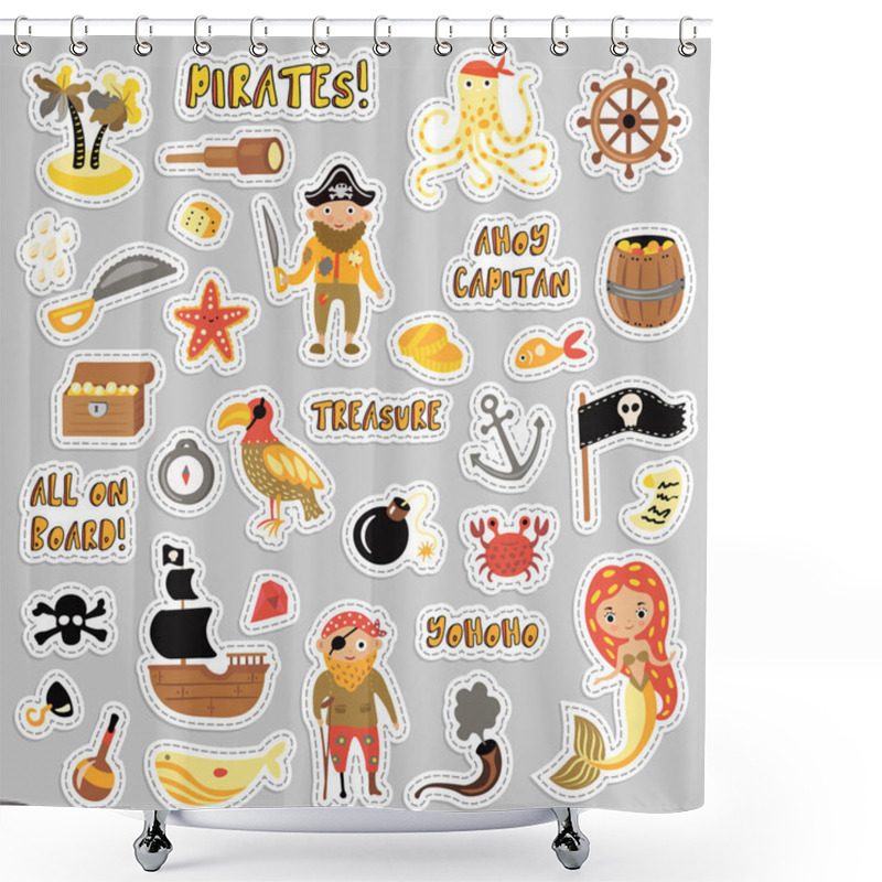 Personality  Set Of Pirates Vector Cartoon Stickers. Adventures And Pirate Party Sticker For Kindergarten. Children Adventure, Treasure, Pirates, Octopus, Whale, Ship - Kids Drawing Vector Cartoon Stickers About Shower Curtains