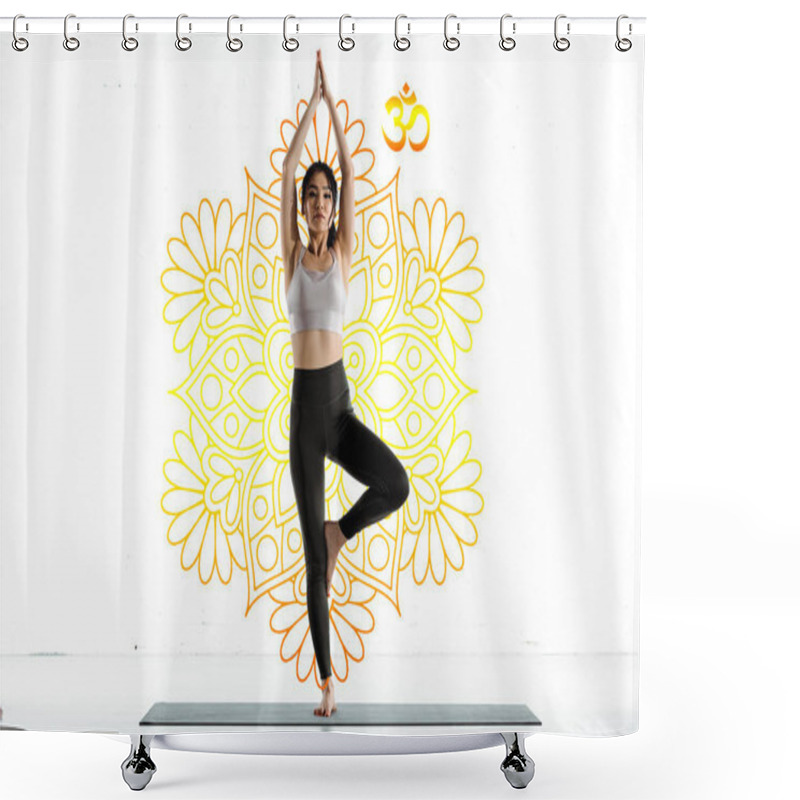 Personality  Asian Woman Practicing Yoga On Yoga Mat Near Yellow Mandala Ornament On White  Shower Curtains