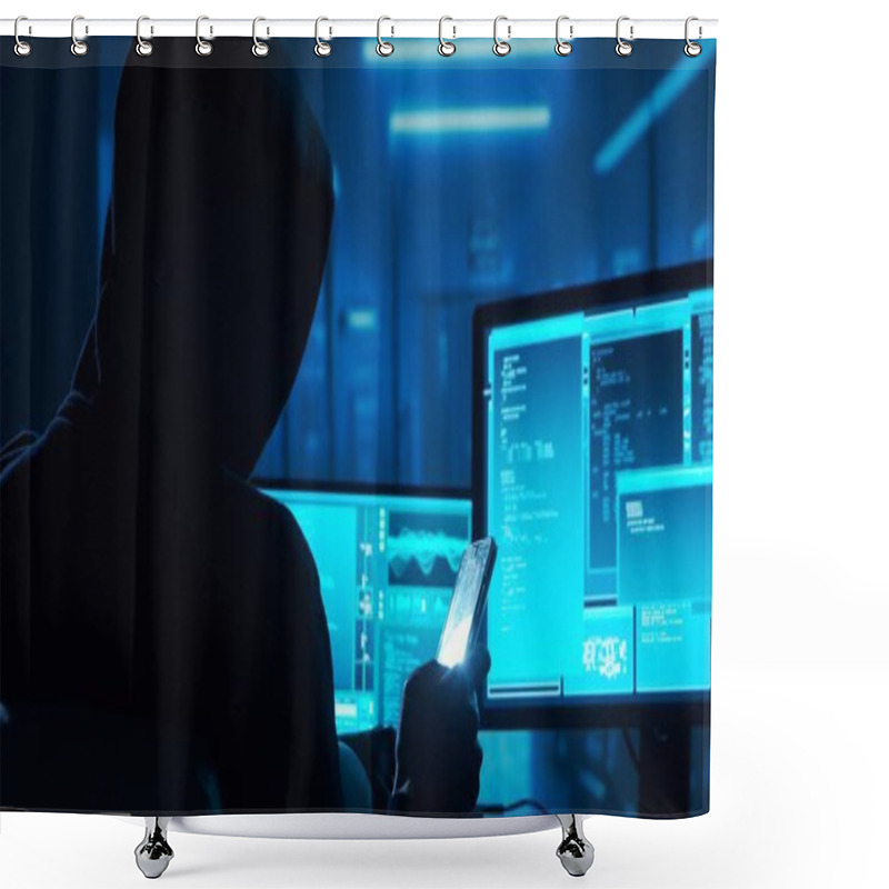 Personality  Computer Hacker In Hoodie. Obscured Dark Face. Hacker Attack, Virus Infected Software, Dark Web And Cyber Security Concept. Shower Curtains