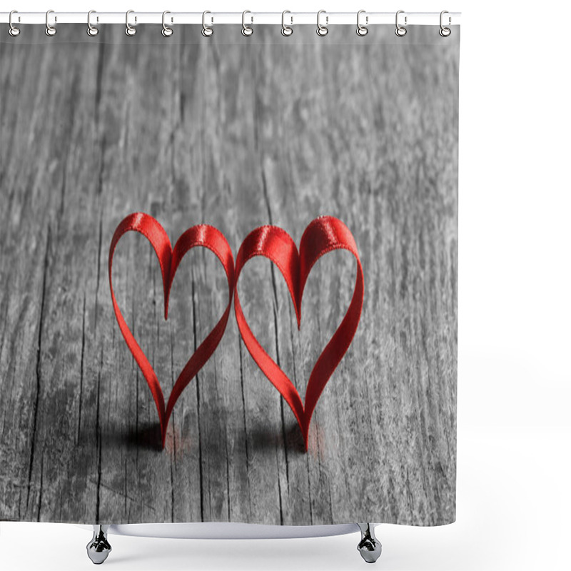 Personality  Red Ribbon Hearts On Wooden Background, Valentines Day Card Shower Curtains