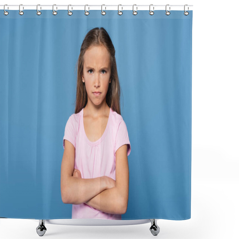 Personality  Offended Girl With Crossed Arms Looking At Camera Isolated On Blue  Shower Curtains