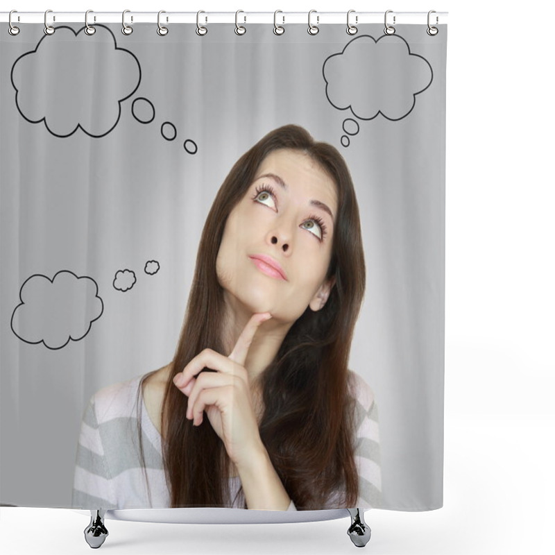 Personality  Thinking Woman With Many Ideas In Empty Bubble On Grey Backgroun Shower Curtains