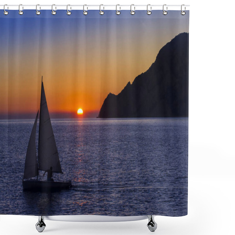 Personality  Sail Boat At Sunset On The Sea. Cinque Terre, Italy Shower Curtains