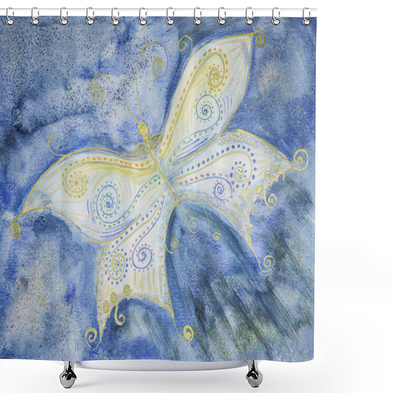 Personality  Decorative Golden Butterfly In The Blue Hour. The Dabbing Technique Near The Edges Gives A Soft Focus Effect Due To The Altered Surface Roughness Of The Paper. Shower Curtains