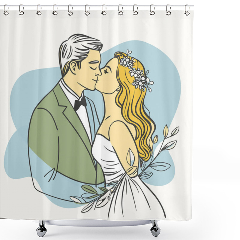 Personality  Cute Newlywed Couple In Love Floral Wedding Illustration In Flat Style Shower Curtains