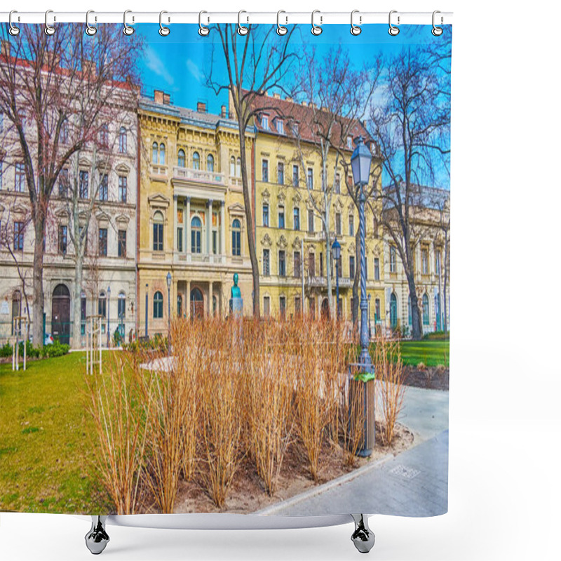 Personality  The Early Spring Beauty Museum Garden With Green Lawn, Trimmed Bushes And Tall Trees Against Historic Mansions Of Palace Quarter On Sandor Brody Street, Budapest, Hungary Shower Curtains