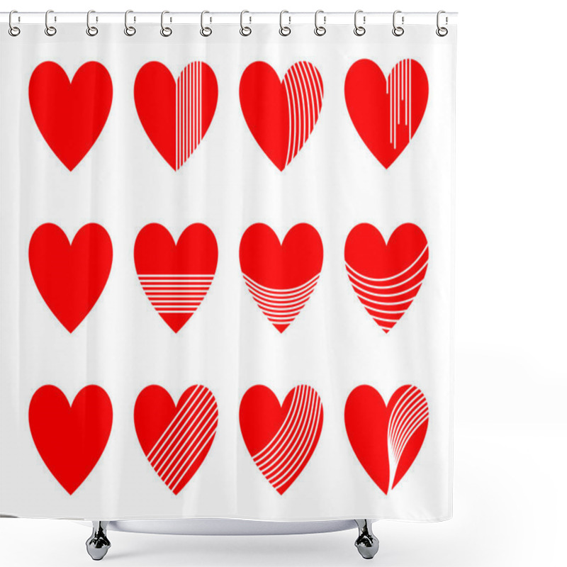 Personality  Collection Of Red Hearts Featuring Diverse Stripe Patterns, Symbolizing Love, Romance, And Creativity. Perfect For Use In Valentine's Day Materials, Graphic Design, And Romantic Decoration Projects. Shower Curtains