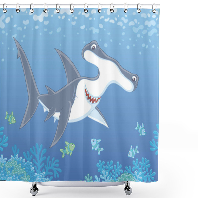 Personality  Big Hammer-headed Shark Swimming With Small Striped Fishes Over A Coral Reef In Blue Water Of A Tropical Sea, Vector Illustration In A Cartoon Style Shower Curtains