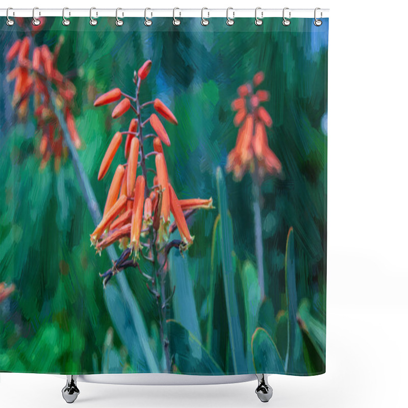 Personality  Selective Focus Of Painted Red Blooming Flowers With Green Leaves  Shower Curtains