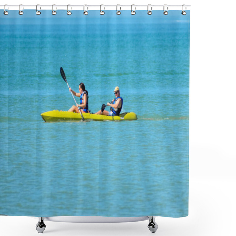 Personality  St. Pete Beach, Florida . January 25, 2019. Couple Practice Kayaking Around The St. Pete Beach (4) Shower Curtains