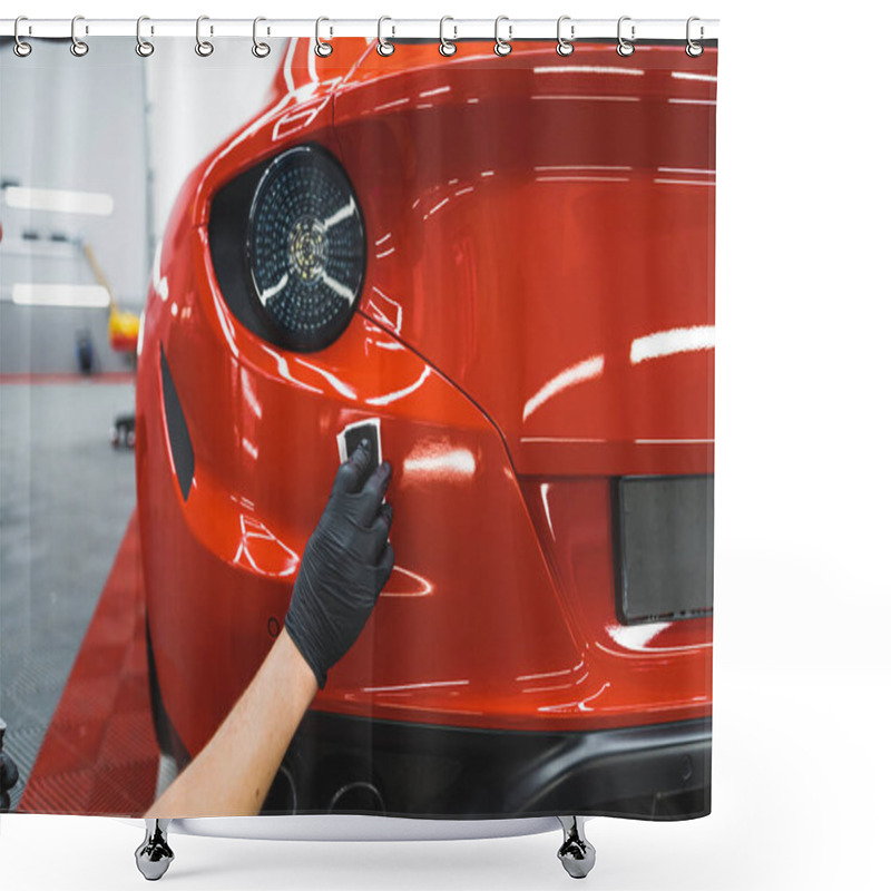 Personality  Car Detailing Process. Beautiful Red Sports Cars Paint Being Wrapped With Transparent Vehicle Vinyl Foil. Back Indoor Shot. High Quality Photo Shower Curtains