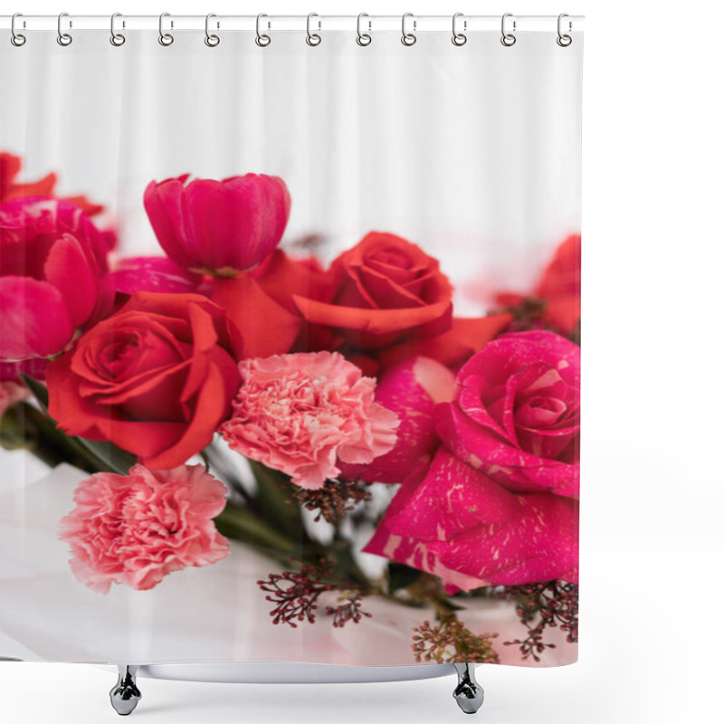 Personality  Vibrant Bouquet Of Roses And Tulips Exuding Beauty And Elegance At A Celebratory Event Shower Curtains