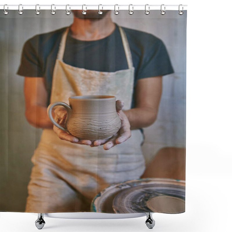 Personality  Cropped Image Of Potter In Apron Holding Clay Pot At Workshop Shower Curtains