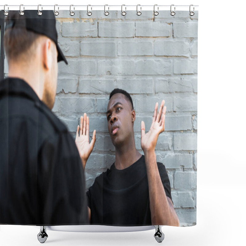 Personality  Selective Focus Of African American Man With Raised Hands Looking At Policeman, Racism Concept  Shower Curtains