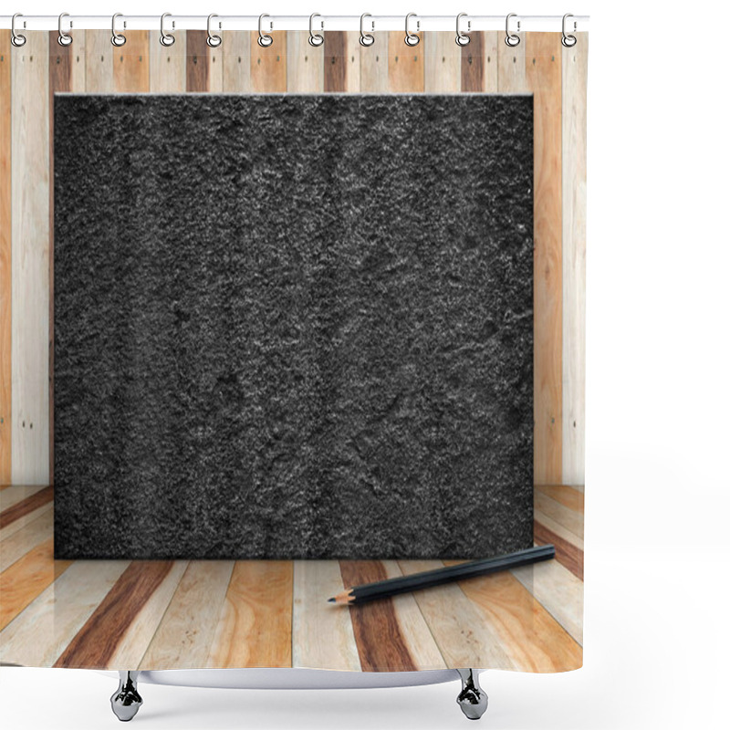 Personality  Blank Black Rough Stone Block And Pencil At Wooden Plank Room,Mo Shower Curtains