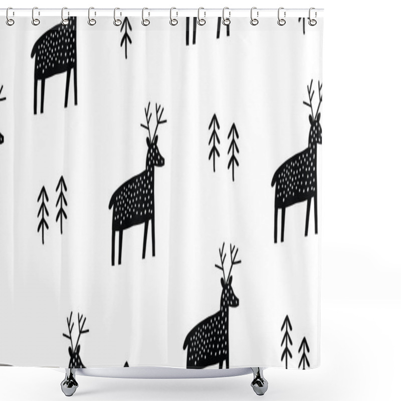 Personality  Childish Seamless Pattern With Deers And Pines Shower Curtains