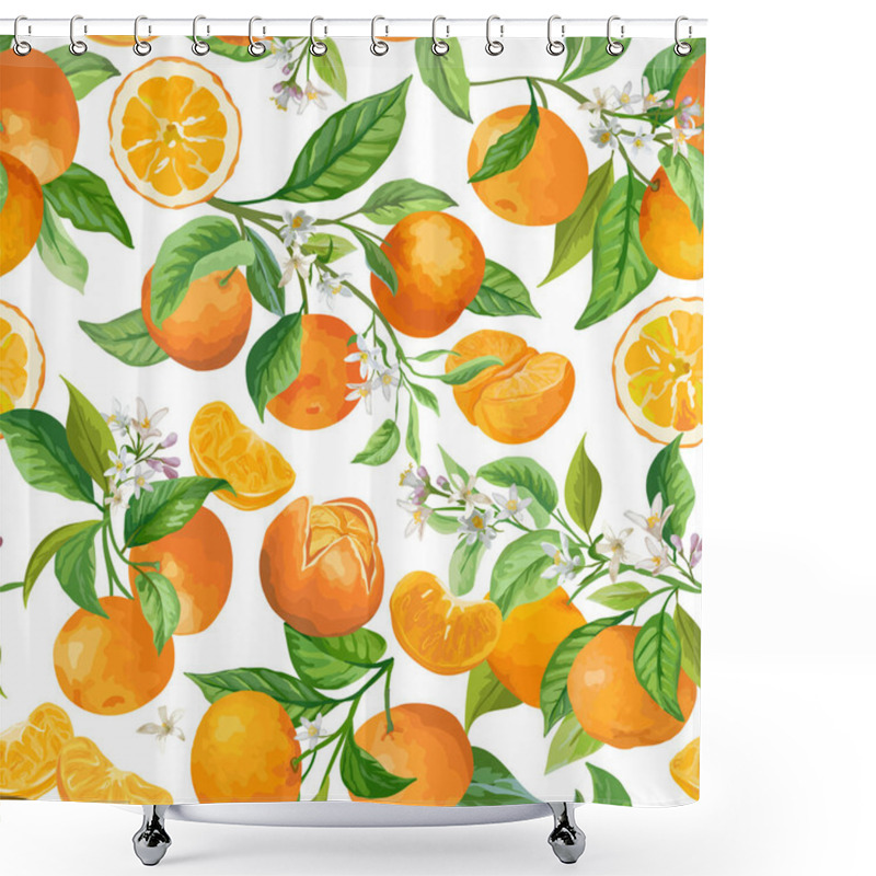 Personality  Mandarin Floral Background. Vector Seamless Fruit Pattern, Citrus Fruits, Flowers, Leaves, Orange Branches Texture Shower Curtains